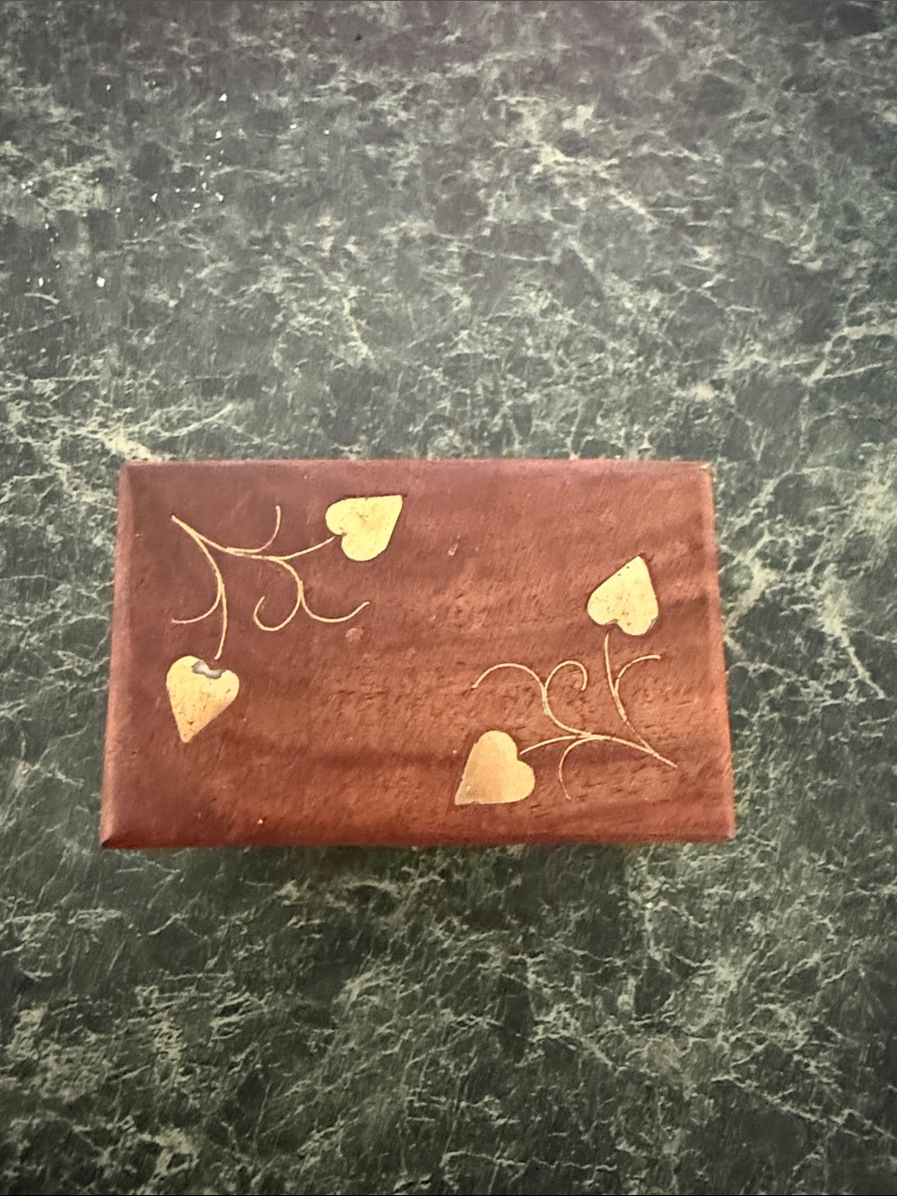Brown Wooden Trinket Box with Gold Heart Inlay